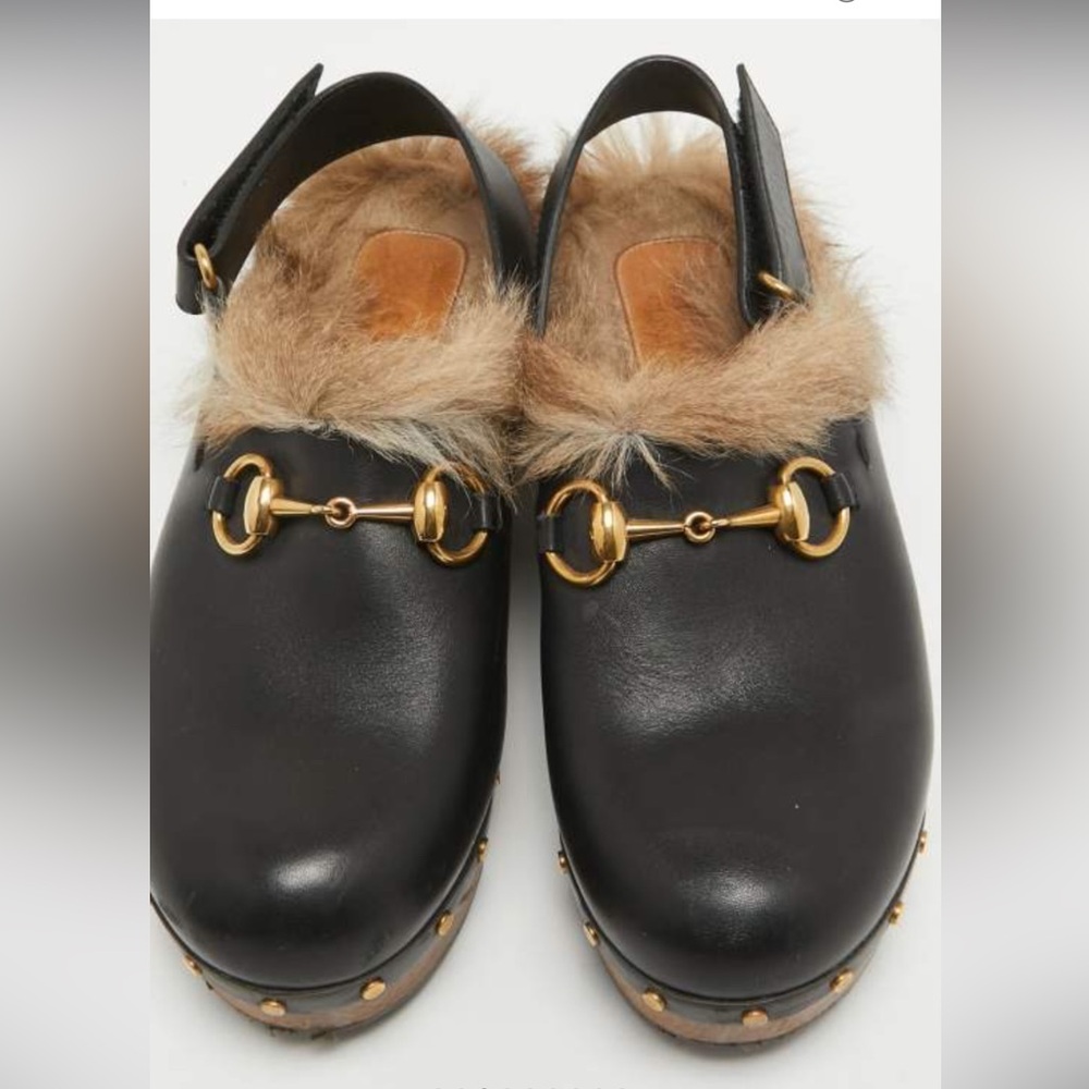 Gucci
Gucci Black/Brown Leather and Fur Horsebit Amstel Slingback Clogs Size 10